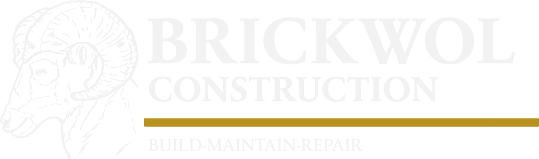 brickwol construction logo with sketch of ram's head and the words: Brickwol Construction, Build - Maintain - Repair